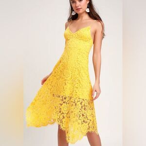 Lulus - Yellow Floral Lace Overlay Mini/Midi Dress - size SMALL - NWT